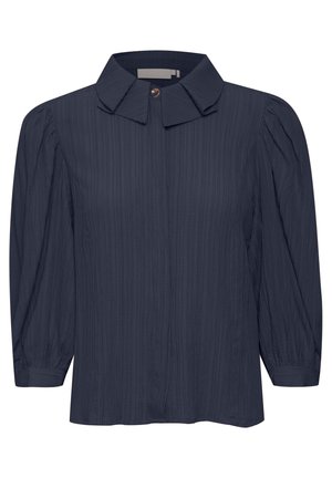 Camicia blu navy con bottoni, caratterizzata da una finitura testurizzata, colletto e maniche a puff di lunghezza 3/4, tessuto morbido.