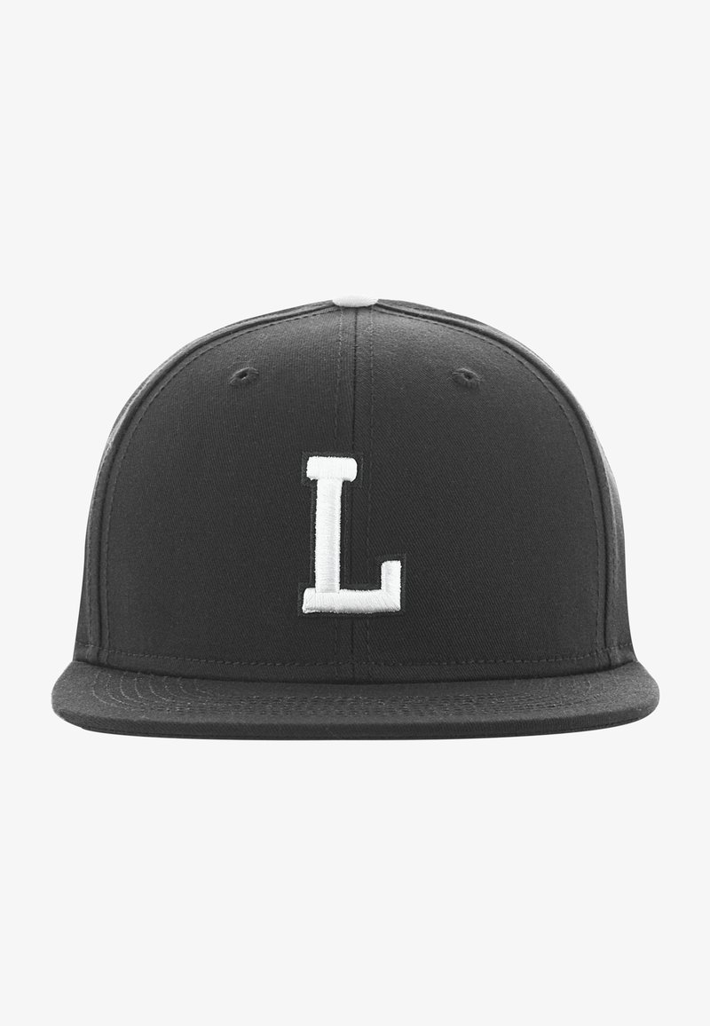 Black flat-brimmed cap with a white embroidered capital letter L on the front center panel.