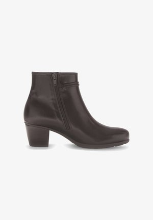 Black leather ankle boots with a rounded toe, mid-height block heel, and side zipper. Smooth texture with subtle stitching details.