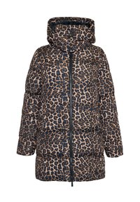 Pohodlná leopardí bunda s kapucí, se zapínáním na zip a širokými rukávy. Barevné schéma zahrnuje odstíny béžové a tmavě hnědé.