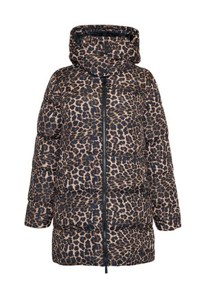 Veste rembourrée imprimée léopard avec capuche, dotée d'une fermeture éclair et de larges manches. La palette de couleurs comprend des tons de beige et de marron foncé.