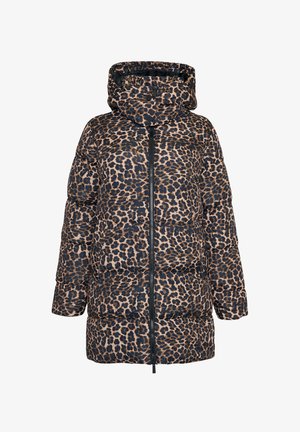Veste rembourrée imprimée léopard avec capuche, dotée d'une fermeture éclair et de larges manches. La palette de couleurs comprend des tons de beige et de marron foncé.