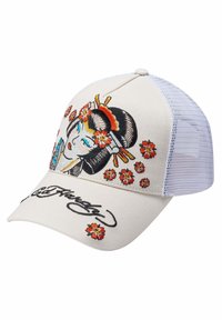 White baseball cap with mesh back, featuring multicolored embroidered geisha design and flowers. Brim displays "Ed Hardy" signature in black.