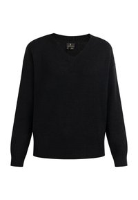 Black v-neck sweater with long sleeves, made of soft fabric. Ribbed cuffs and hem. Classic design for versatile layering. No patterns or accents.