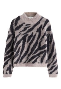 Fuzzy sweater in light beige with black tiger stripes, featuring a round neckline and long sleeves, made from soft, textured fabric.