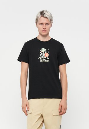 Black cotton t-shirt featuring a colorful graphic design with a globe, waves, and the text "Stance Community Run Club" in the center.