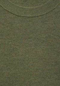 Olive green knit sweater featuring a ribbed round neckline and textured fabric with a subtle pattern. Soft, medium-weight material.