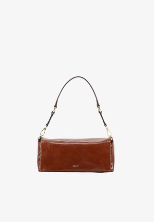 Brown leather shoulder bag, rectangular shape, glossy texture, featuring a short strap and gold hardware accent. Logo embossed on the front.