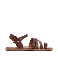 Sandal in pelle marrone con design a più cinghie, apertura sulla punta, cinturino posteriore regolabile, suola piatta e texture liscia. Stile casual classico.
