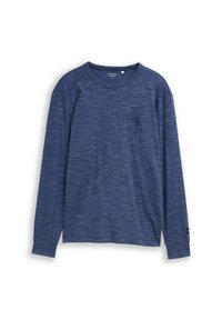 Langarmhemd in Marineblau aus strukturiertem Stoff, mit einer Brusttasche und Rundhalsausschnitt, sowie dezenten horizontalen Streifen.