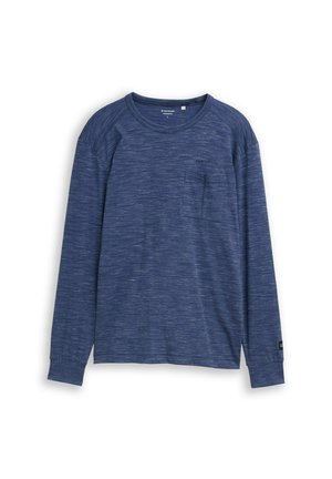 Langarmhemd in Marineblau aus strukturiertem Stoff, mit einer Brusttasche und Rundhalsausschnitt, sowie dezenten horizontalen Streifen.