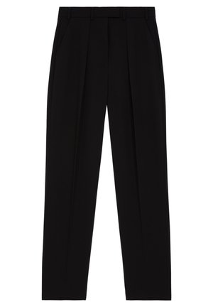 Pantalon noir sur mesure avec plis avant, poches latérales, passants de ceinture, et coupe droite sur fond blanc.