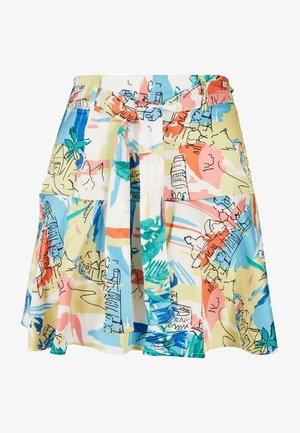 Erksinine põlvikudega seelik, millel on elav abstraktne mustriline joonistus hoonetest. Valmistatud kergest kangast, millel on volditud disain.