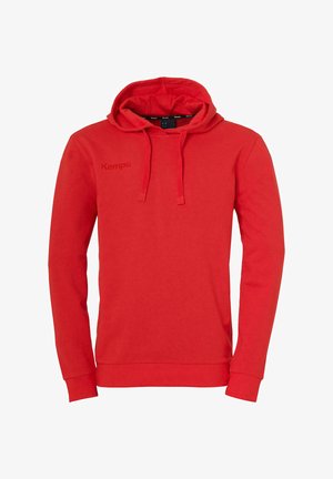 Red hoodie made of cotton blend. Features a kangaroo pocket, drawstring hood, and left chest logo. Long sleeves with ribbed cuffs.