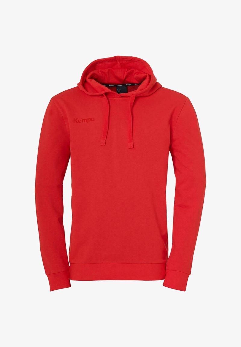 Rote Kapuzenjacke aus Baumwollmischung. Verfügt über eine Kängurutasche, eine verstellbare Kapuze und ein Logo auf der linken Brust. Lange Ärmel mit gerippten Bündchen.