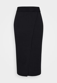 Jupe crayon noire au tissu lisse, taille haute et détail noué sur le devant. Confectionnée dans un tissu extensible.