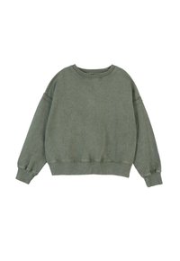 Przestronna, zmyta zielona bluza z okrągłym dekoltem, z długimi rękawami oraz ribbowymi mankietami i pasem.