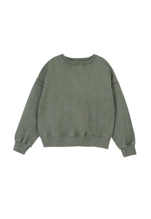 Przestronna, zmyta zielona bluza z okrągłym dekoltem, z długimi rękawami oraz ribbowymi mankietami i pasem.