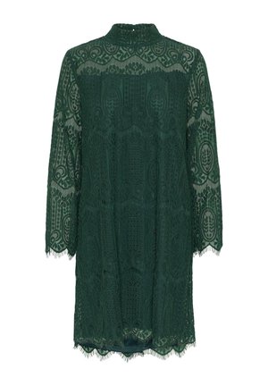 Zelené čipkované šaty s vysokým golierom a tromi štvrtinovými rukávmi. Obsahujú zložitú tkanú vzorcu a vlnitý lem. Ľahká textúra.