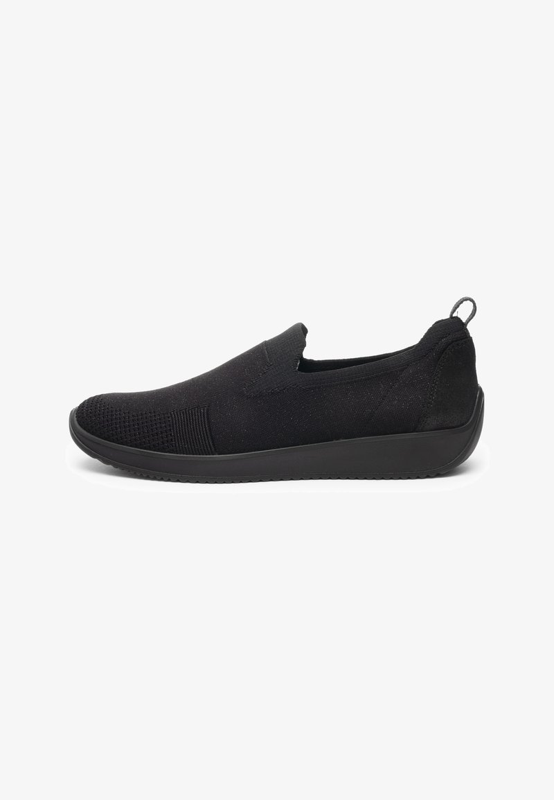 Black slip-on casual shoe with knitted upper, rounded toe, pull tab at heel, and flat rubber sole, shown in side view on white background.