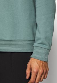 Hellblaue Sweatshirt mit gerippten Bündchen und Saum, das eine weiche Textur zeigt. Hat ein tailliertes Design mit klaren Linien und dezenten Steppdetails.