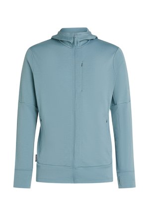 Lichtblauwe hoodie met ritssluiting, lange mouwen, borstzak met rits, duimgaten en subtiele branding op de linker mouw en zoom.
