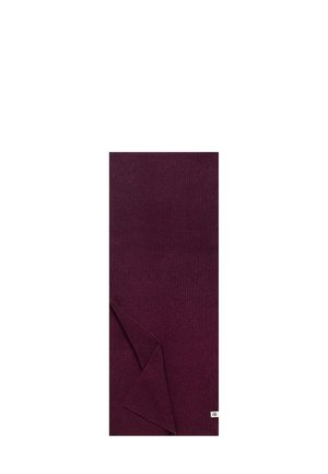 Burgundy knit scarf with a soft texture, rectangular shape, and folded corner revealing underside. Small tag visible at the edge.