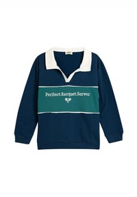 Sudadera de color marino con cuello blanco y franja horizontal verde. Presenta el texto "Perfect Racquet Server" en blanco, con íconos de raquetas de tenis.