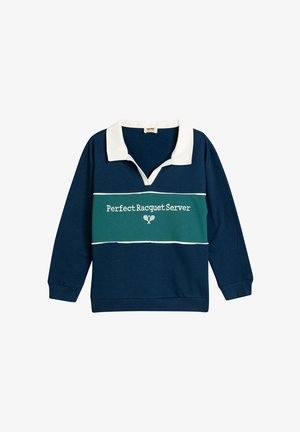 Marineblå sweatshirt med hvid krave og grøn vandret stripe. Har teksten "Perfect Racquet Server" i hvid, med tennisracket-ikoner.