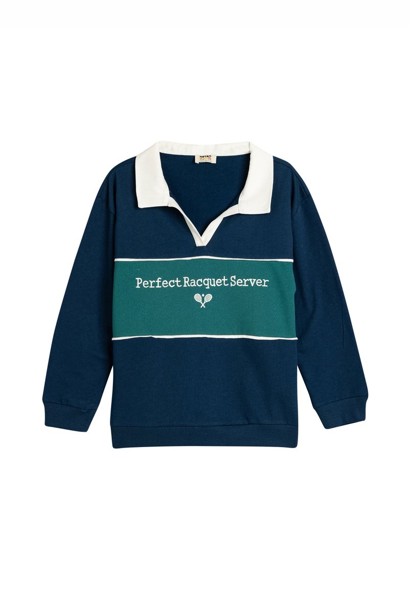 Sudadera de color marino con cuello blanco y franja horizontal verde. Presenta el texto "Perfect Racquet Server" en blanco, con íconos de raquetas de tenis.