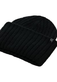 Zwarte gebreide beanie met een geribbelde textuur. Heeft een omgeslagen rand en een klein label aan de zijkant. Gemaakt van zachte stof.