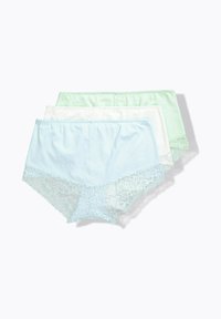 Trois shortys pour femmes avec bordure en dentelle, en bleu pastel, blanc et vert menthe, empilés sur un fond blanc.