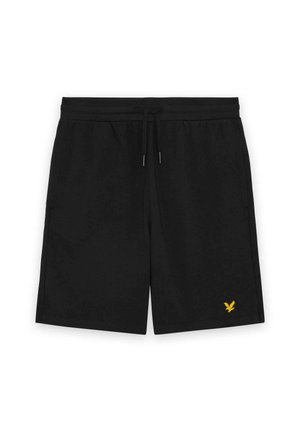 Shorts noirs à taille élastique avec cordon de serrage, poches latérales, et un petit logo d'aigle jaune sur la partie inférieure de la jambe gauche.