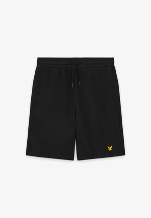 Sorte elastiske shorts med snøre i taljen, sidelommer og et lille gult ørnelogo på den nederste venstre ben.