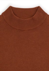 Brązowy sweter z prążkowanej dzianiny z szerokim projektem podwójnego kołnierza, gładką teksturą i jednolitą kolorystyką.