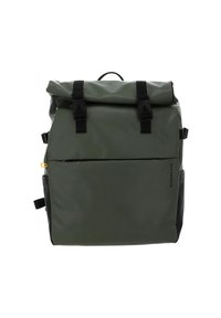 Zaino a rotolo di colore verde scuro, realizzato in materiale resistente e impermeabile. Presenta dettagli neri, spallacci regolabili e una tasca con zip frontale.