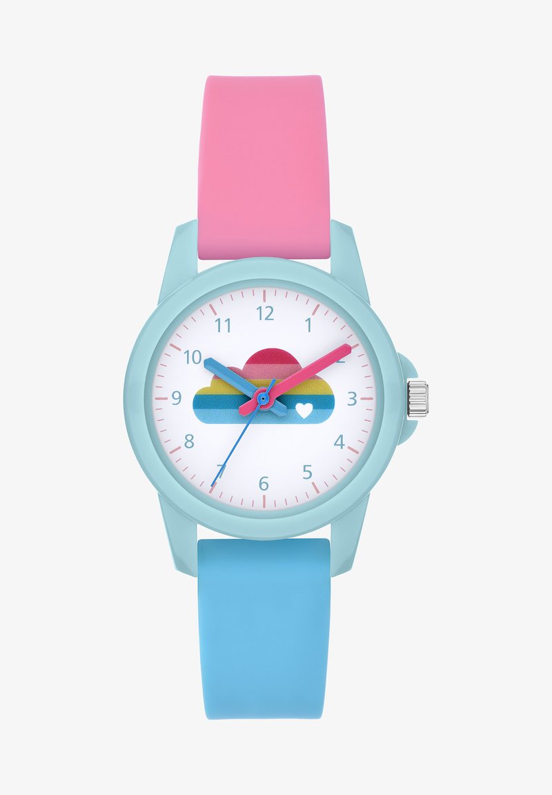 Bunte Armbanduhr mit einem hellblauen Gehäuse und Gummibändern in Pink und Blau. Verfügt über ein weißes Zifferblatt mit einem Wolken- und Herzdesign in lebhaften Farben.