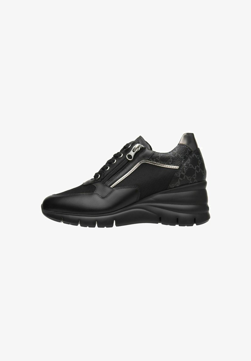 Black sneaker with a contrasting textured back, featuring a zip closure, lace-up front, cushioned sole, and silver accents on the side.