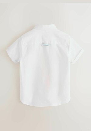 Weißes Kurzarmhemd mit klassischem Kragen. Verfügt über ein kleines blaues Akzentdetail auf der Rückseite. Baumwollstoff mit glatter Textur.