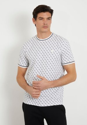 Witte t-shirt met korte mouwen met een herhalend zwart logo patroon, ronde halslijn met zwarte accenten, slim fit, gemaakt van katoen.