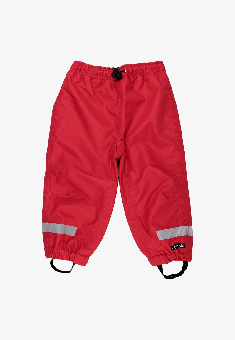 Czerwone wodoodporne spodnie z elastycznym pasem, odblaskowymi paskami, regulowanymi mankietami i bocznymi kieszeniami. Gładka, trwała tekstura materiału.