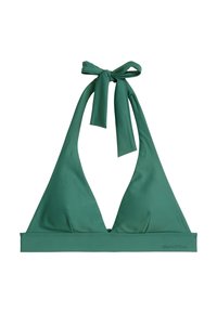 Top de bikini verde con cuello halter, copas triangulares y cierre de lazo en el cuello, con un logo sutil en la banda inferior.