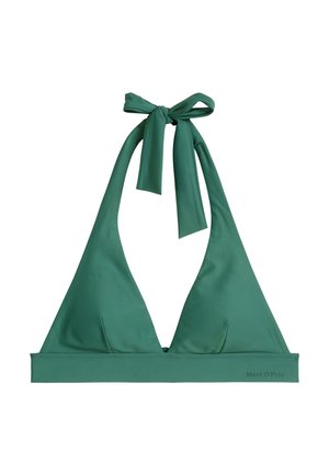 Zielony biustonosz bikini na halter z trójkątnymi miseczkami i wiązaniem na szyi, z subtelnym logo na dolnym pasie.