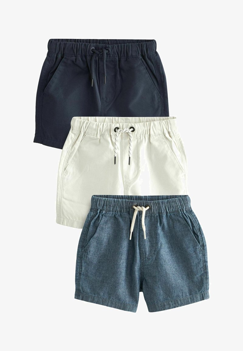 Tre paia di pantaloni corti: navy, bianchi e in denim. Vita elasticizzata con cordoncino, tasche laterali e tessuto testurizzato.