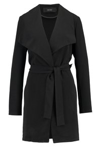 Černý obalový kabát s dlouhými rukávy, otevřeným předním dílem a odpovídajícím páskem ze stejného materiálu. Vyroben z hladkého materiálu s mírně strukturovaným designem.