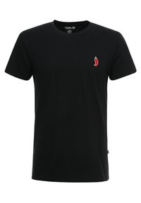 Black cotton t-shirt featuring a small red chili pepper embroidered on the left chest. Classic crew neck and short sleeves.