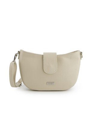 Beige gestructureerde leren polstasje met klepsluiting en afneembare band, aan de voorkant met het label "Venezia".