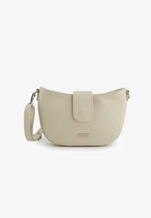 Beige strukturierte Leder-Armbadtasche mit Klappverschluss und abnehmbarem Riemen, vorne mit der Aufschrift „Venezia“.