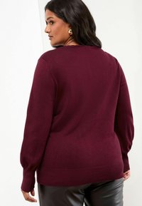 Burgundi spalvos megztinis su ilgomis rankovėmis, raukšlėtomis apykaklėmis ir apvaliu iškirpimu, pagamintas iš minkštos medžiagos. Rodytas iš nugaros, su lygia tekstūra.