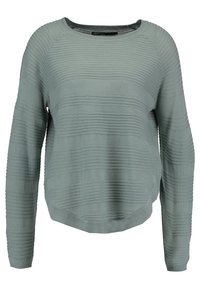 Pullover verde chiaro a maniche lunghe con righe orizzontali testurizzate, scollo rotondo e orlo asimmetrico. Tessuto a maglia morbido.